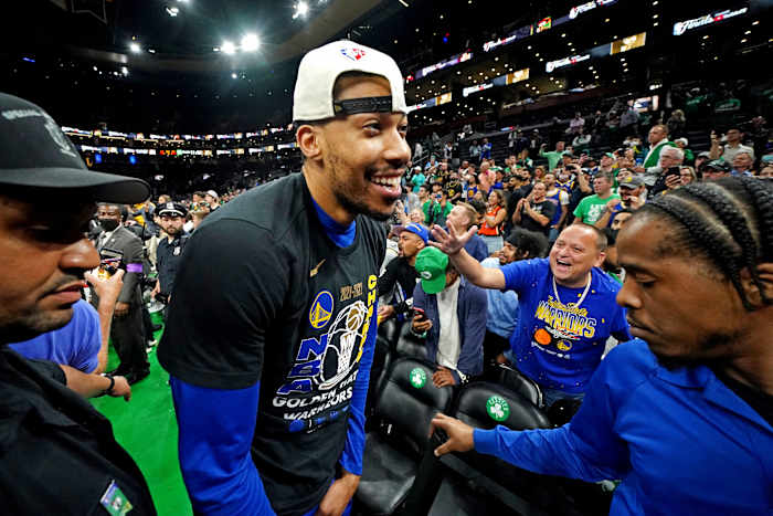 Golden State Warriors forward Otto Porter Jr. (32) celebrates after the Golden State Warriors beat the Boston Celtics in game six of the 2022 NBA Finals to win the NBA Championship at TD Garden.